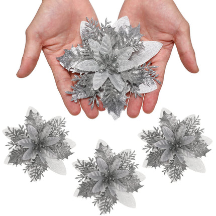 Christmas Glitter Poinsettia Xmas Artificial Flowers Decorations with Clips and Stems Glitter Christmas Tree Fake Flowers for Christmas Wreath Door Garland Xmas Tree Wedding Year