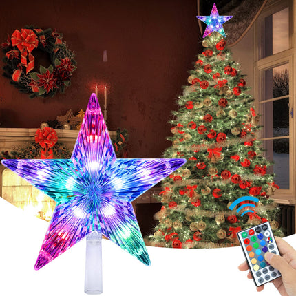 Christmas Star Tree Topper Lights 9.5inch 10LED Multicolour with Versatile Remote Controller 3AA Battery Powered for Lighted Treetop Xmas Tree Decoration（Indoor and Outdoor ）