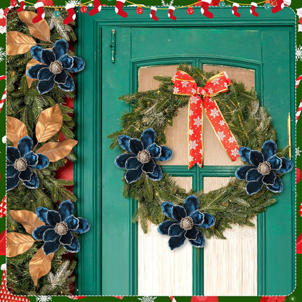 12 Pcs Christmas Glitter Artificial Flower Set 6 Magnolia Flower 6 Magnolia Leaves Picks Christmas Tree Wreath Decor Artificial Floral Ornaments for Xmas Party Holiday (Peacock Blue)