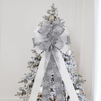 Christmas Tree Topper Bow, 53X13 Inch Artificial Xmas Tree Topper Ornaments for Home, Wedding, Birthday Party, Indoor Outdoor Thanksgiving Christmas Decorations, Grey & Silver