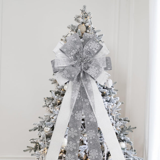 Christmas Tree Topper Bow, 53X13 Inch Artificial Xmas Tree Topper Ornaments for Home, Wedding, Birthday Party, Indoor Outdoor Thanksgiving Christmas Decorations, Grey & Silver