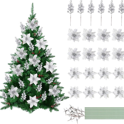 Homcomoda Christmas Poinsettia Artificial Flowers with Glitter Berries Stems 22PCS Christmas Flowers with Clips and Stems Christmas Tree Ornament for Xmas Holiday Year Wedding Decor