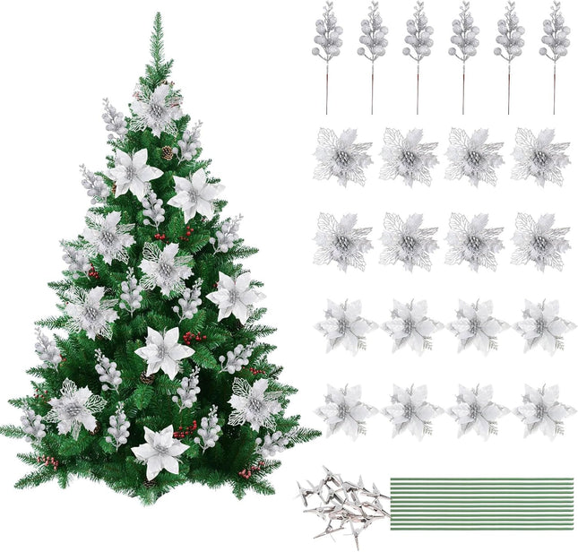 Homcomoda Christmas Poinsettia Artificial Flowers with Glitter Berries Stems 22PCS Christmas Flowers with Clips and Stems Christmas Tree Ornament for Xmas Holiday Year Wedding Decor