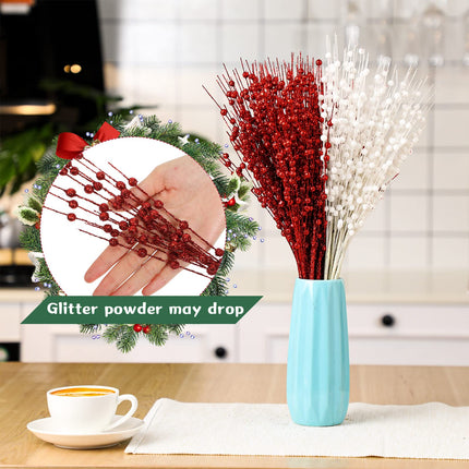 Yilloog 36 Pcs Christmas Artificial Glitter Berry Tree Picks Decorative Bead Sticks for Vase Decor Glitter Berry Stems Branches for Xmas Tree DIY Crafts Holiday Wedding Party, 17 Inch(Red, White)