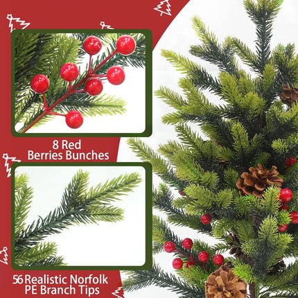 Tabletop Small Christmas Tree, 24 Inch/2FT Realistic-Feel PE Artificial Mini Christmas Tree with 30 Lights Timer Battery Operated 56 Norfolk Pine Tips 8 Pinecone 8 Red Berry Burlap Base Xmas Decor