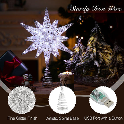 Lewondr Christmas Star Tree Topper, USB Powered Remote Controlled 11 Inch Multilayer Hexagonal Tree Toppers Christmas Decor with 8 Light Modes for Home Holiday Xmas, Timer Function, Silver