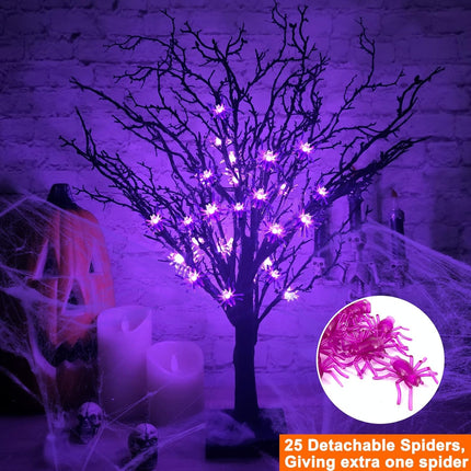 [ Timer ] TURNMEON 2FT/24'' Prelit Halloween Black Tree Decor with 25 Spiders & 24 Purple Lights Battery Operated Artificial Halloween Spooky Tree Halloween Indoor Tabletop Home Holiday Decorations