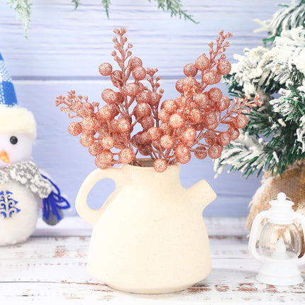 80 Pcs Christmas Glitter Berries Stems 8.5 Inch Artificial Christmas Berry Branches Sprays Faux Berry Sprig Picks Winter Floral Picks for DIY Xmas Tree Ornaments Christmas Wreath Decor(Rose Gold)