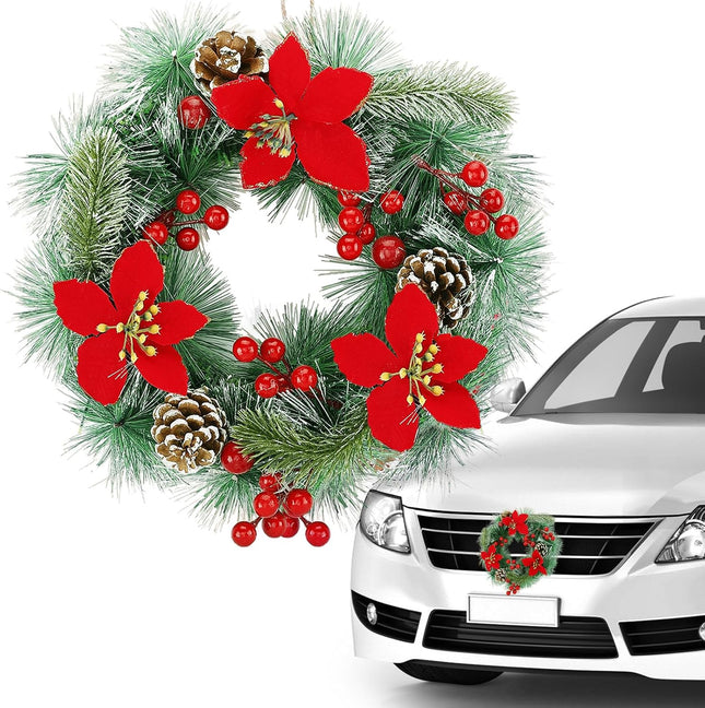 Car Wreath Truck Christmas Decor - 11.8in Xmas Front Grille Decoration s for SUVs Automotive, Winter Holiday Artificial Pine Needles Pinecone Ornament Accessories - Red Flower Berry