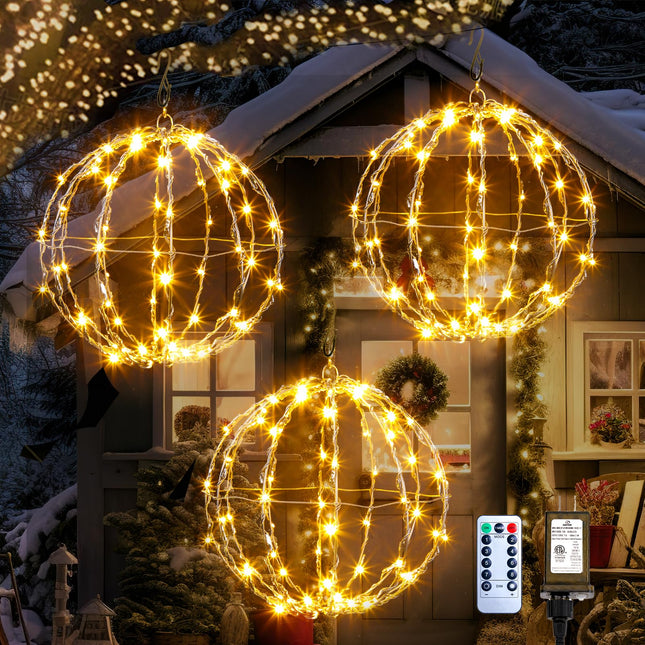 Brightown Outdoor Christmas Ball String Lights, 3 Pack 12 Inch Hanging Sphere Lights with Remote Control, 8 Modes, Timer, Christmas Decorative Waterproof Lights for Indoor Outdoor Decor
