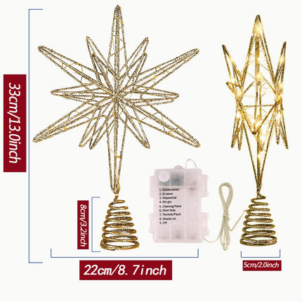 Christmas Tree Star Decorations, 13inches Metal Hollow Design, 20 LED Lights，Sparkling Tree Toppers Christmas Decorations Light up Your Christmas, Star Tree Topper Decorations for Home Holiday Party