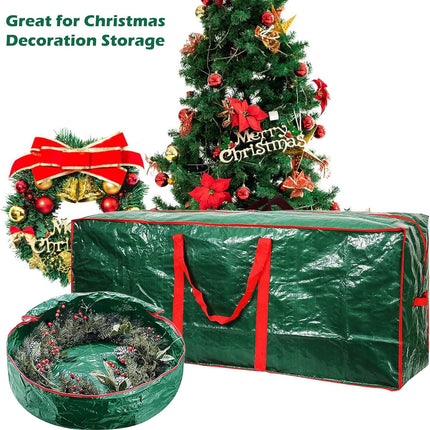 Christmas Tree Storage Bag 52" and Christmas Wreath Storage Bag 30" - Storage 7.5 Foot Artificial Xmas Holiday Tree with Handles, Dual Zipper, Durable Waterproof Material（Green）