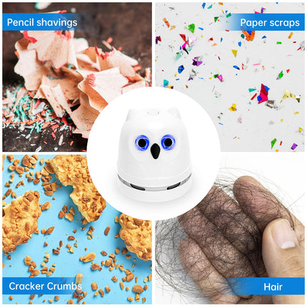 Mini Desktop Vacuum Cleaner Owl Crumb Vacuum Cleaner Rechargeable Tabletop Crumb Vacuum Dust Sweeper For Sucking Up Eraser Crumbs Pencil Shavings Cookie Crumbs Paper Scrapers Pet Fur White