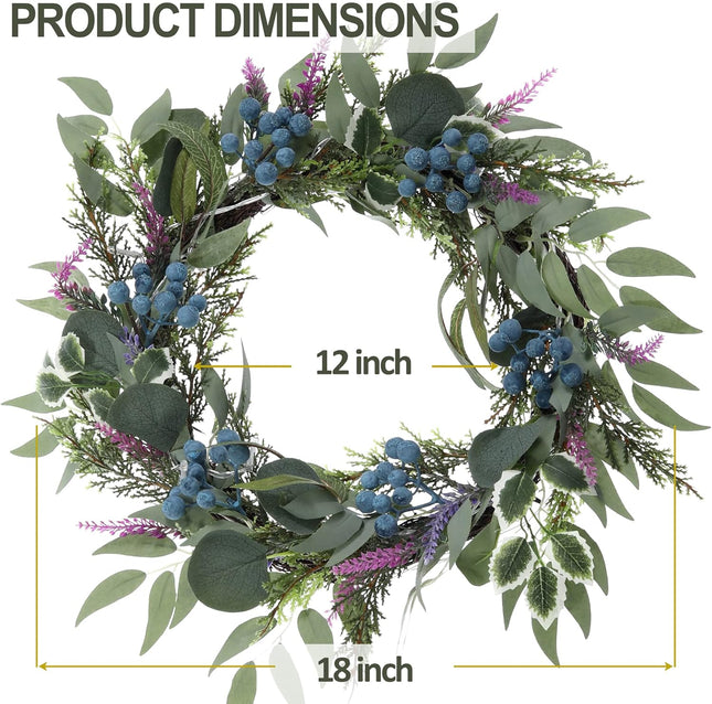 Artgar Eucalyptus Wreath, 18" Front Door Eucalyptus Wreath, Four Season Wreath, Lavender Green Wreath with 20 LED Lights for Front Door, Windows, Walls, Farmhouse, Home Year Round Decoration