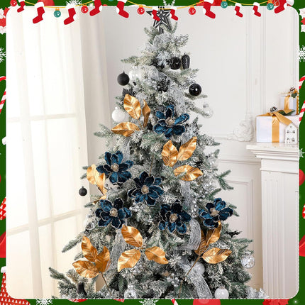 12 Pcs Christmas Glitter Artificial Flower Set 6 Magnolia Flower 6 Magnolia Leaves Picks Christmas Tree Wreath Decor Artificial Floral Ornaments for Xmas Party Holiday (Peacock Blue)