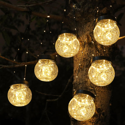 Solar Lantern Solar Lights Outdoor Waterproof 6-Pack, Solar Powered Hanging Lights Cracked Glass Hanging Globes for Christmas Decoration, Shepherd Hook, Garden Tree Ornaments