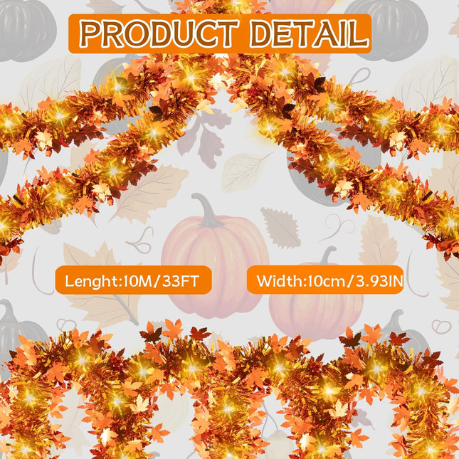 33FT Thanksgiving Tinsel Garland with LED Lights Golden Maple Leaf Metallic Twist Tinsel Garland Battery Operted Lighted Hanging Garland for Autumn Thanksgiving Halloween Party Decoration