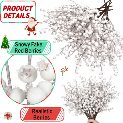 Zeyune 12 Pcs Christmas Artificial Berry Stems 16.1inch Fake Holly Berry Picks Xmas Berry Stems Branches Sprays Snowy Fake Berries for Christmas Tree Wreath Crafts Wedding Holiday Winter Decor (White)