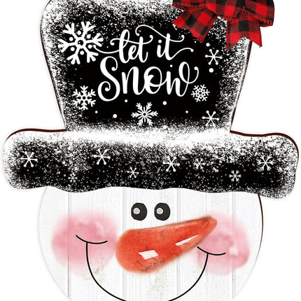 Whaline Christmas Snowman Wooden Hanging Sign Let It Snow Door Hanger Sign Xmas Winter Holiday Welcome Wreath Sign with Buffalo Plaid Bow for Indoor Outdoor Home Farmhouse Wall Window Decor