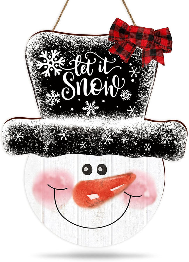 Whaline Christmas Snowman Wooden Hanging Sign Let It Snow Door Hanger Sign Xmas Winter Holiday Welcome Wreath Sign with Buffalo Plaid Bow for Indoor Outdoor Home Farmhouse Wall Window Decor