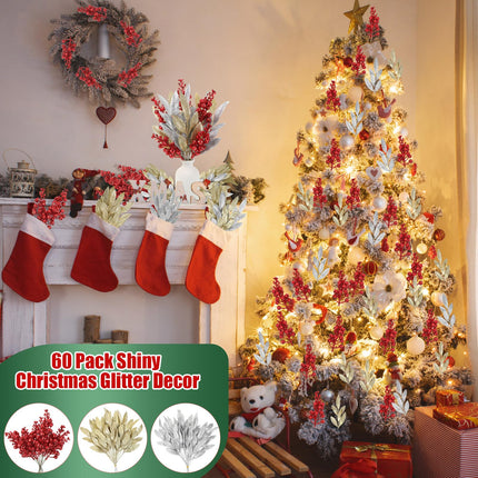 XunYee 40 Pcs 14" Xmas Artificial Glitter Leave Picks 20 Pcs 7.9" Artificial Red Berry Stems Fake Glitter Leaf Spray Faux Red Berry Picks Silver and Gold Floral Accents Christmas Glitter Berries Stems