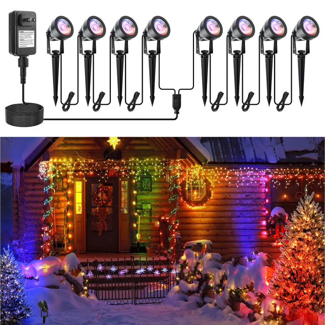 APONUO Christmas Spot Lights Outdoor, RGB Color Changing Low Voltage Landscape Lights with Transformer, IP67 Waterproof Remote Control, Christmas Spotlight for Garden, Pathway, Yard, Tree (8 Pack)
