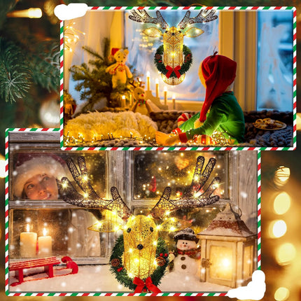 Christmas Light up Wall Decor Deer Head, 28 Inch 3D Hanging Garland, Large Lights up Reindeer Head for Door Window Christmas Holiday Indoor Outdoor Decor, Battery Operated, 8 Modes