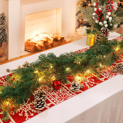 8.8FT Pre-lit Artificial Christmas Garland with Pine Cones, Real Touch Cedar Garland Artificial Pine Cypress Vines,Greenery Garland for Xmas Table Mantle Room Indoor Background Wall Decoration