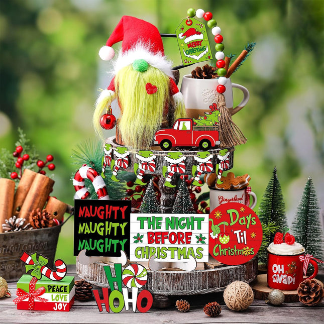 18 Pcs Christmas Tiered Tray Decor Set Lime Green Red Gnome Plush Christmas Wooden Sign Bead Garland Christmas Centerpiece Table Xmas Decorations for Home Farmhouse Holiday Table Indoor Decor