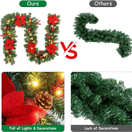 Quntis 9FT Poinsettia Christmas Garland with Lights, Garland Christmas Decorations with Pine Cones, Berry Clusters, 8 Mode Timer Artificial Xmas Garland for Mantle Door Fireplace Window Stairs Holiday