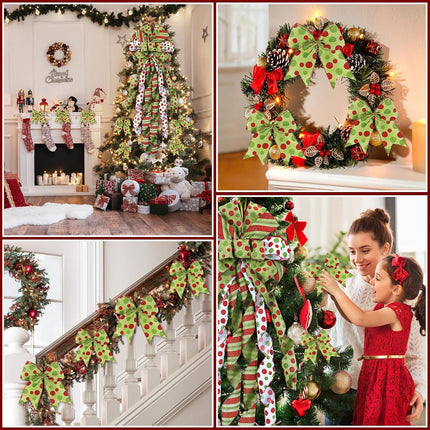 6PCS Christmas Tree Topper Wreath Bow Christmas Tree Bow Topper Large Red Green Bow and Small Wreath Bows Christmas Decorations for Tree Wrapping Wall Home Front Door Decor 45"x13"