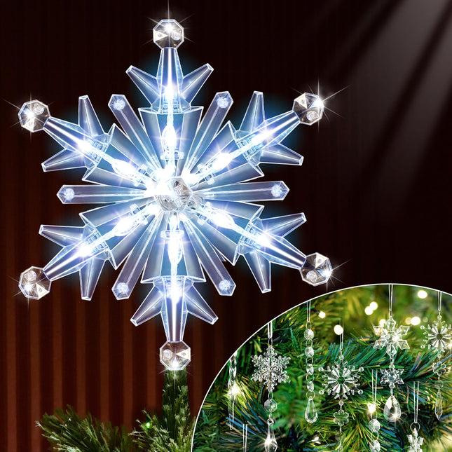 13 Pcs Christmas Snowflake Star Tree Topper Lighted Xmas Treetop with Hanging Icicle Crystal Christmas Tree Ornaments,Christmas Tree Decorations Year Party Supplies(White, Fresh)