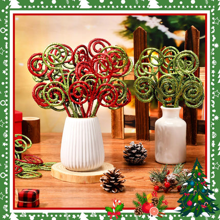 Kasyat 50 Pcs Red Green Christmas Tree Picks 12" Candy Shape Spiral Glitter Sticks Branches Xmas Curly Picks Artificial Stems Pick Ornaments for Tree Topper Craft Wreath Vase Filler Home Decor