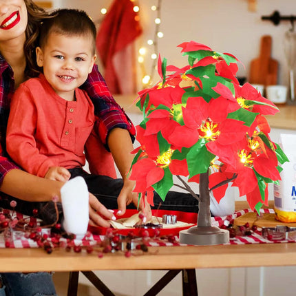 Mycznsyard Red Poinsettia Tree Light 18 LED Tabletop Christmas Artificial Tree Light 8 Modes 6 Hrs Timer USB/Battery Operated Decorative Lamp for Party Wedding Holiday Christmas (Warm White)