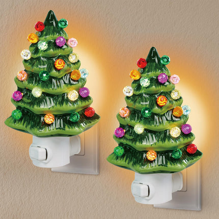 2 Pack Ceramic Christmas Tree Night Light Plug in,720 Degree Adjustable Nostalgic Ceramic Christmas Trees That Light Up,Retro Christmas Decor Nightlights (Green Trees Set of 2)