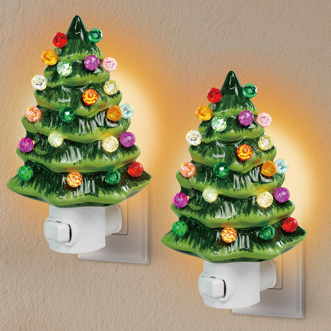 2 Pack Ceramic Christmas Tree Night Light Plug in,720 Degree Adjustable Nostalgic Ceramic Christmas Trees That Light Up,Retro Christmas Decor Nightlights (Green Trees Set of 2)