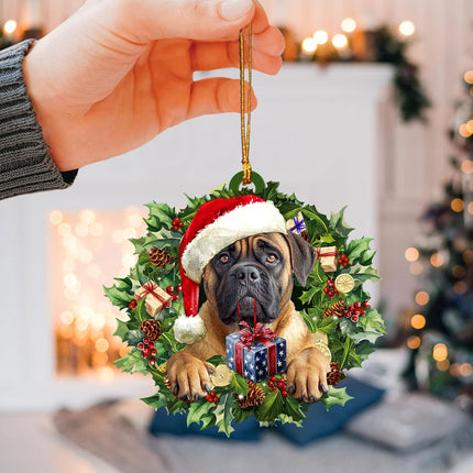 Talataca English Mastiff 2D Flat Christmas Ornament, Mastín Inglés Wearing A Christmas Hat Wreath Pine Tree Decor, Hanging House Charm Eve Keepsake, Car Rear View Mirror Accessories, Xmas