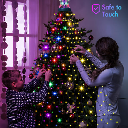 Solar Christmas Tree Lights with Star Topper, 410 LED 6.6FT x 16 Lines Christmas String Lights with 19 Models Timer Remote, Waterfall Tree Lights USB Powered for Xmas Tree(Warm White & Multi-Colored)
