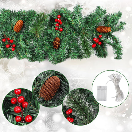 LOMIMOS 9FT Christmas Lighted Artificial Garland, Xmas Battery Operated Green Rattan with 50 Lights Pine Cones Red Berries for Fireplace Stair Mantle Indoor Outdoor Home Fireplace Porch Decoration(A)