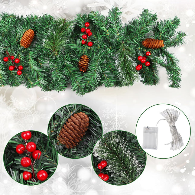 LOMIMOS 9FT Christmas Lighted Artificial Garland, Xmas Battery Operated Green Rattan with 50 Lights Pine Cones Red Berries for Fireplace Stair Mantle Indoor Outdoor Home Fireplace Porch Decoration(A)