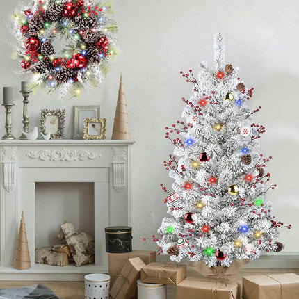 DDHS Small Flocked Christmas Tree,4ft Prelit Tabletop Christmas Tree, with 100 Lights, Ornaments Balls, Pine Cones Red Berries, Easy to Assemble Perfect for Holiday Christmas Home Decor