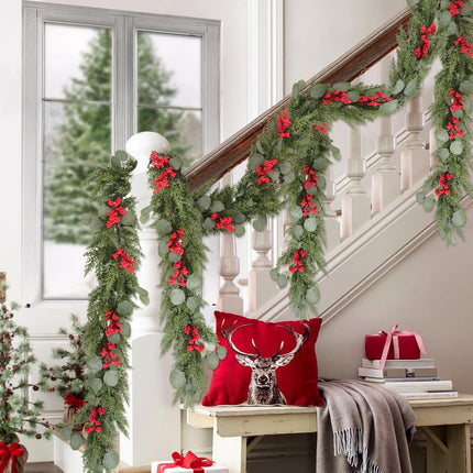 6ft Artificial Christmas Cedar Garland with Eucalyptus Leaves, Red Berries Winter Greenery Garland Decor for Home, Fireplace, Wall, Porch, Table, Mantle, Indoor Outdoor Decoration
