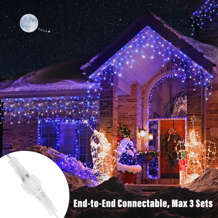 Joomer Christmas Icicle Lights, 32Ft 8 Modes Waterproof Christmas Icicle String Lights Outdoor Connectable with Timer for Party, Eaves, Roofs, Holiday, Christmas Decorations (White+Blue)