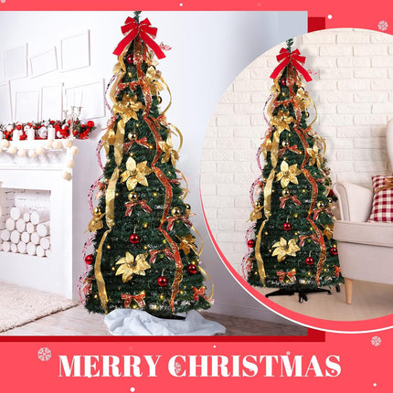 6 ft Christmas Tree Pop up Pre lit Christmas Tree with Lights Artificial Prelit Decorated Holiday Pull up Xmas Tree with Red and Gold Decorations Easy Assembly for Xmas Home Fireplace Decor