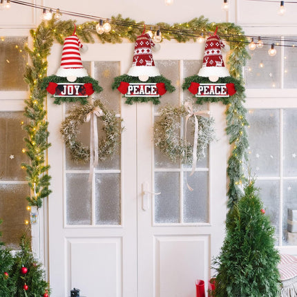 3 Pieces Christmas Wreath for Front Door Artificial Pine Spruce Hanging Gnome Wreath Christmas Peace Love Joy Wreath for Door Window Wall Decorations Farmhouse Christmas Home Decor