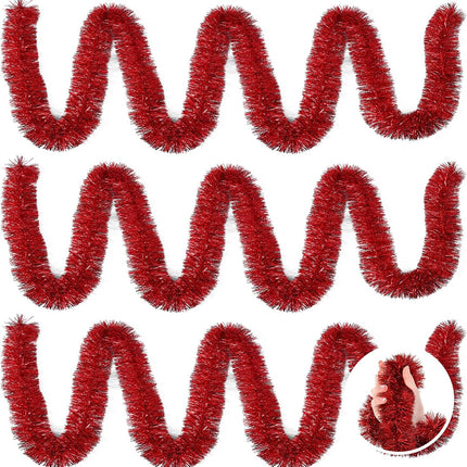 3 Pieces 59 Feet Christmas Foil Tinsel Garland, Metallic Tinsel Twist Garland Shiny Hanging Decorations for Holiday Tree, Party Supplies for Wedding, Birthday, Christmas (Red)