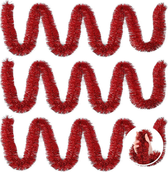 3 Pieces 59 Feet Christmas Foil Tinsel Garland, Metallic Tinsel Twist Garland Shiny Hanging Decorations for Holiday Tree, Party Supplies for Wedding, Birthday, Christmas (Red)
