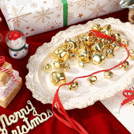 MARFOREVER Christmas Jingle Bells Garland DIY, 75 Pcs 1.5/1/0.8 inch Gold Christmas Craft Bells with Ribbon and Rope Hanging Sleigh Bells for Xmas Tree Ornament Winter Holiday Party Home Decorations