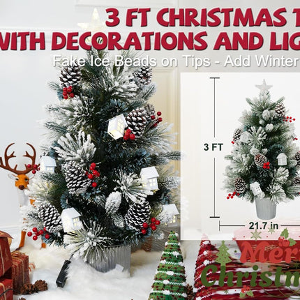 3FT Christmas Tree with 12cm Top Star, Artificial Flocked Fiber Optic Christmas Tree with 60 Mixed Branch Tips & 9White House & 12Red Berry and Big Pinecone String for Indoor Outdoor