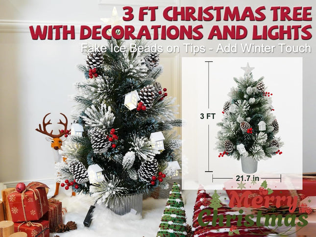 3FT Christmas Tree with 12cm Top Star, Artificial Flocked Fiber Optic Christmas Tree with 60 Mixed Branch Tips & 9White House & 12Red Berry and Big Pinecone String for Indoor Outdoor